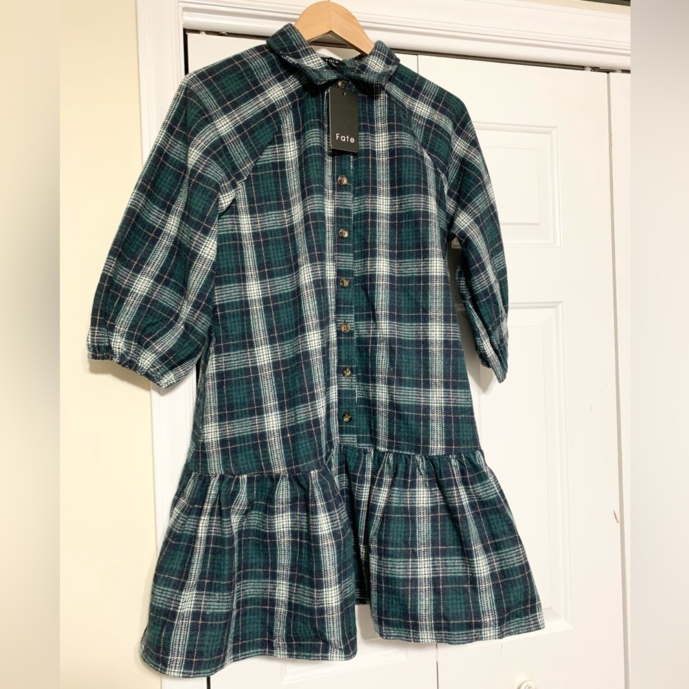 FATE Plaid Thick Flannel Peplum Shirt Dress S NEW